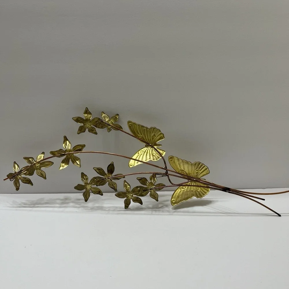 Vintage MCM Brass Wall Decor Butterflies Flowers Copper Toned Branches 25x9